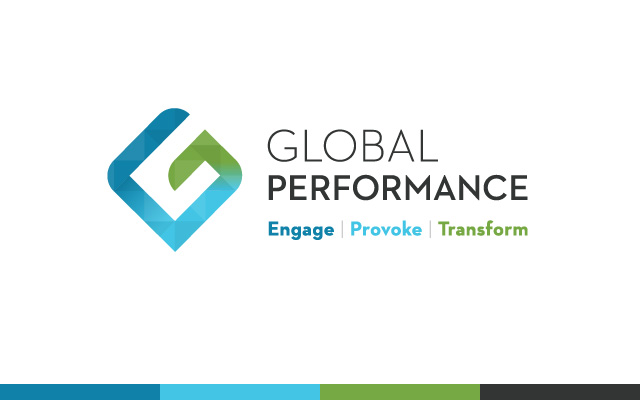 A logo lockup with a geometric G shape turned 45 degrees counter clockwise on one side and the words Global Performance on the other