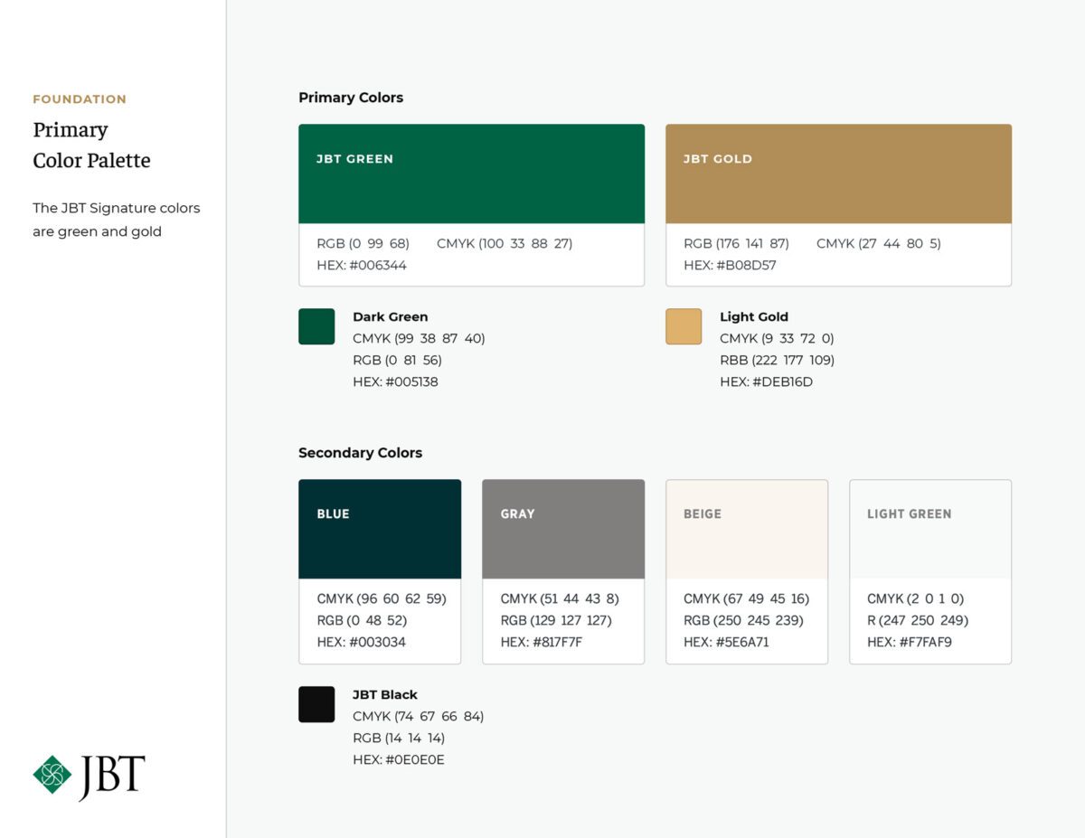 JBT Brand guide Primary and Secondary color page