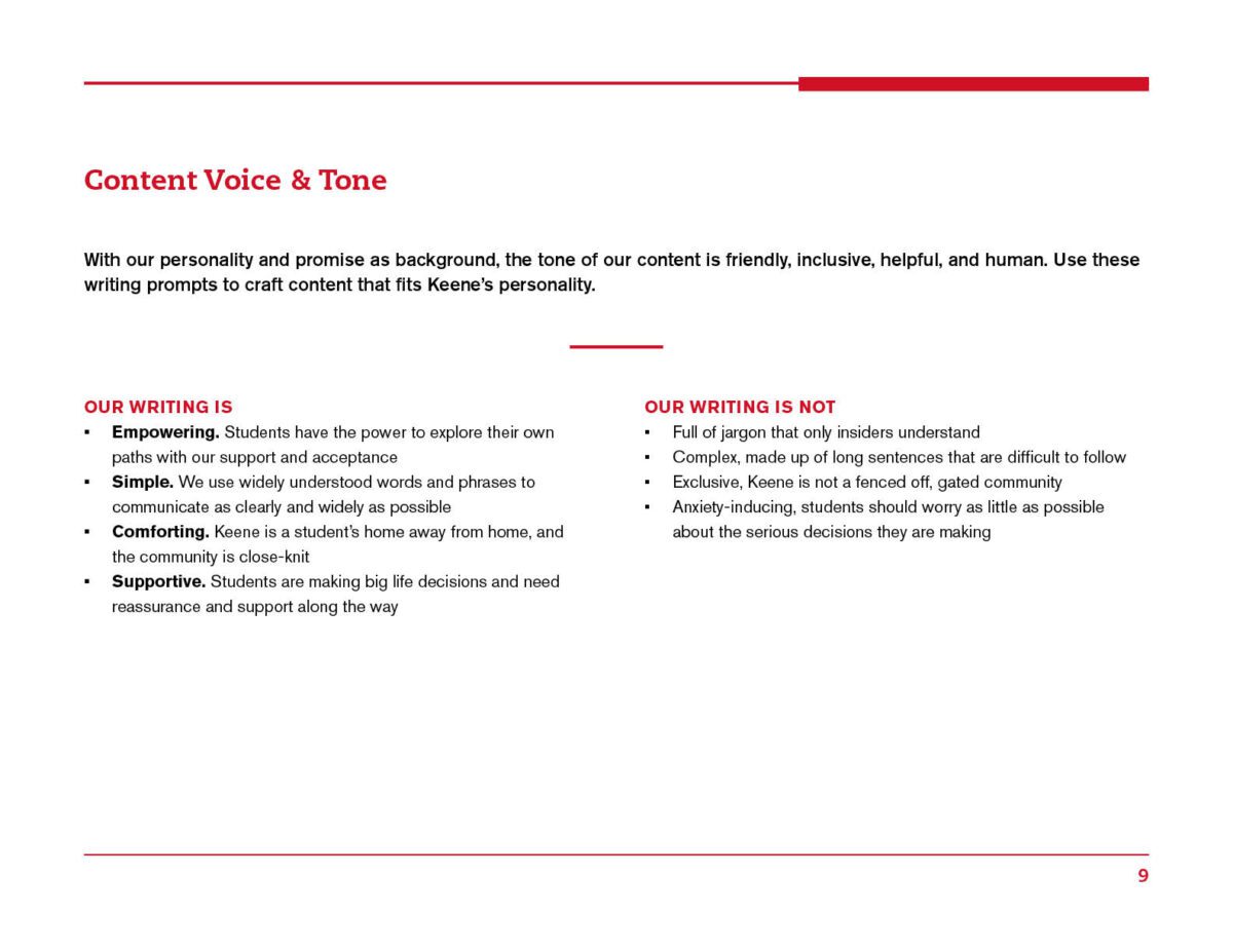 An excerpt from the Keene brand guide, where we document what the Voice and Tone of Keene's content writing sound sound like