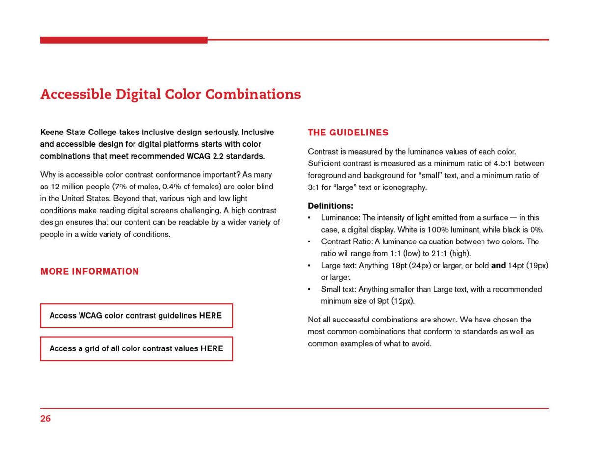 An excerpt from the Keene brand guide, where we document how to measure accessible color combinations