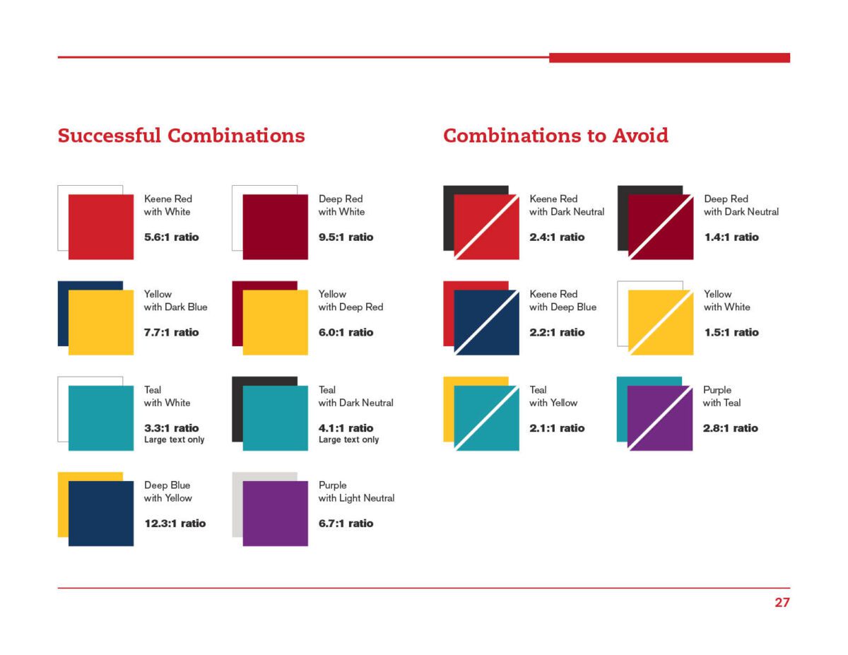 An excerpt from the Keene brand guide, where we document visual examples of accessible color combinations