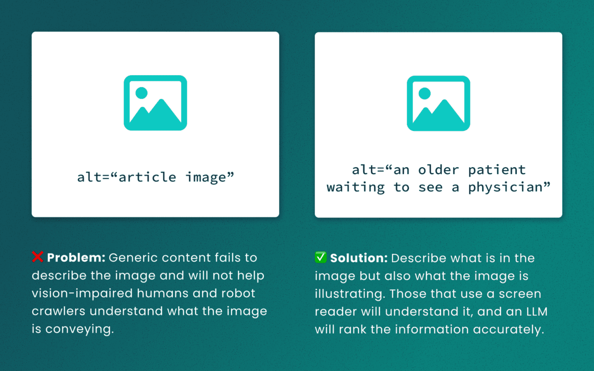 Illustration of the problem with poor alt text on images, comparing one poor example and one good example
