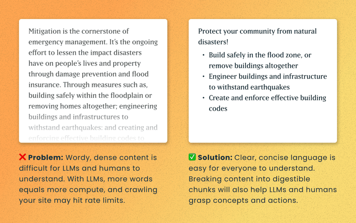 Illustration of plain language with a poor example and a more positive example. The poor example is dense and wordy while the good example if succinct and uses a list to break the text into chunks.